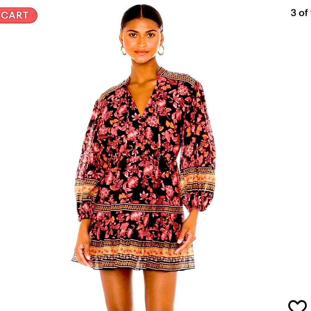 Alice + Olivia Black Floral Mini Dress with Pink and Gold Border - Picture 2 of 16